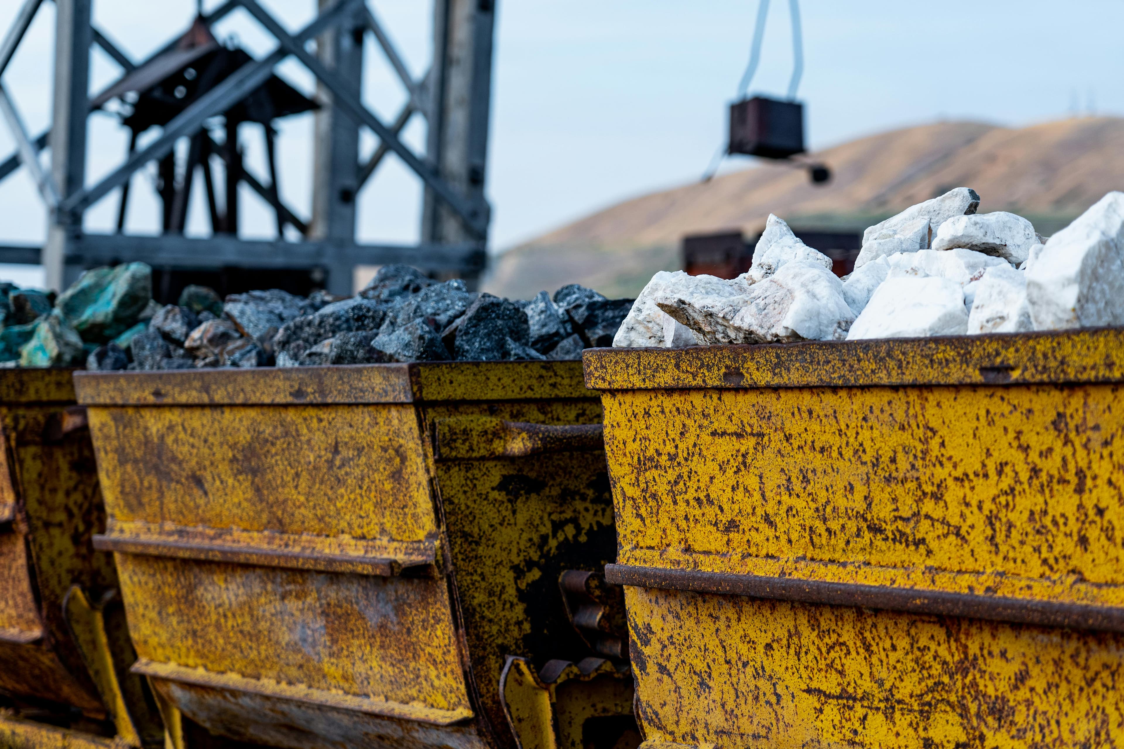 Mining containers filled with mineral samples